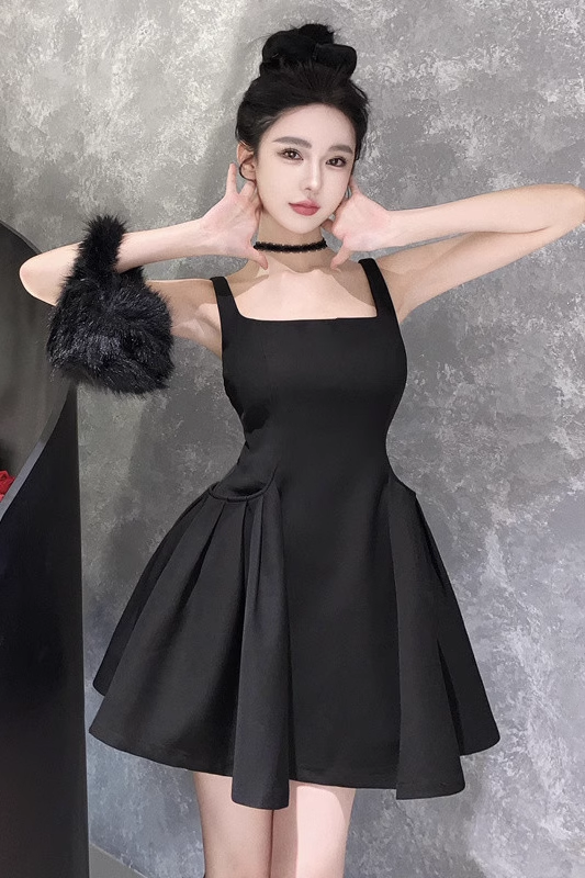 Simple Black Square Neck A Line Holiday Dress Mini Party Dress YM2128