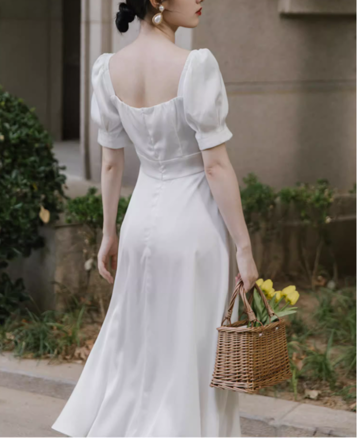 Elegant White Satin Long Party Dress Birthday Dress YM2363