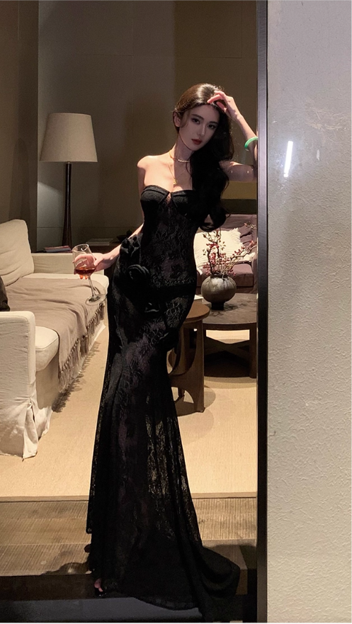 Sexy Floral Lace Strapless Evening Dress Black Long Party Dress YM2174