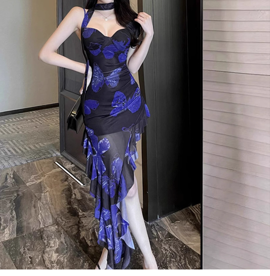 Romantic Blue Print Holiday Straps Irregular Mermaid Backless Vacation Dress Party Dress YM2135