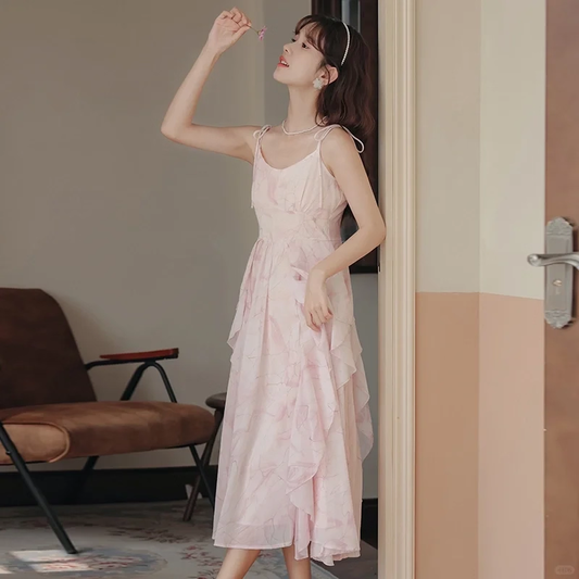 Pink Suspender Holiday Dress Ruffle Fairy Seaside Vacation Dress YM2327