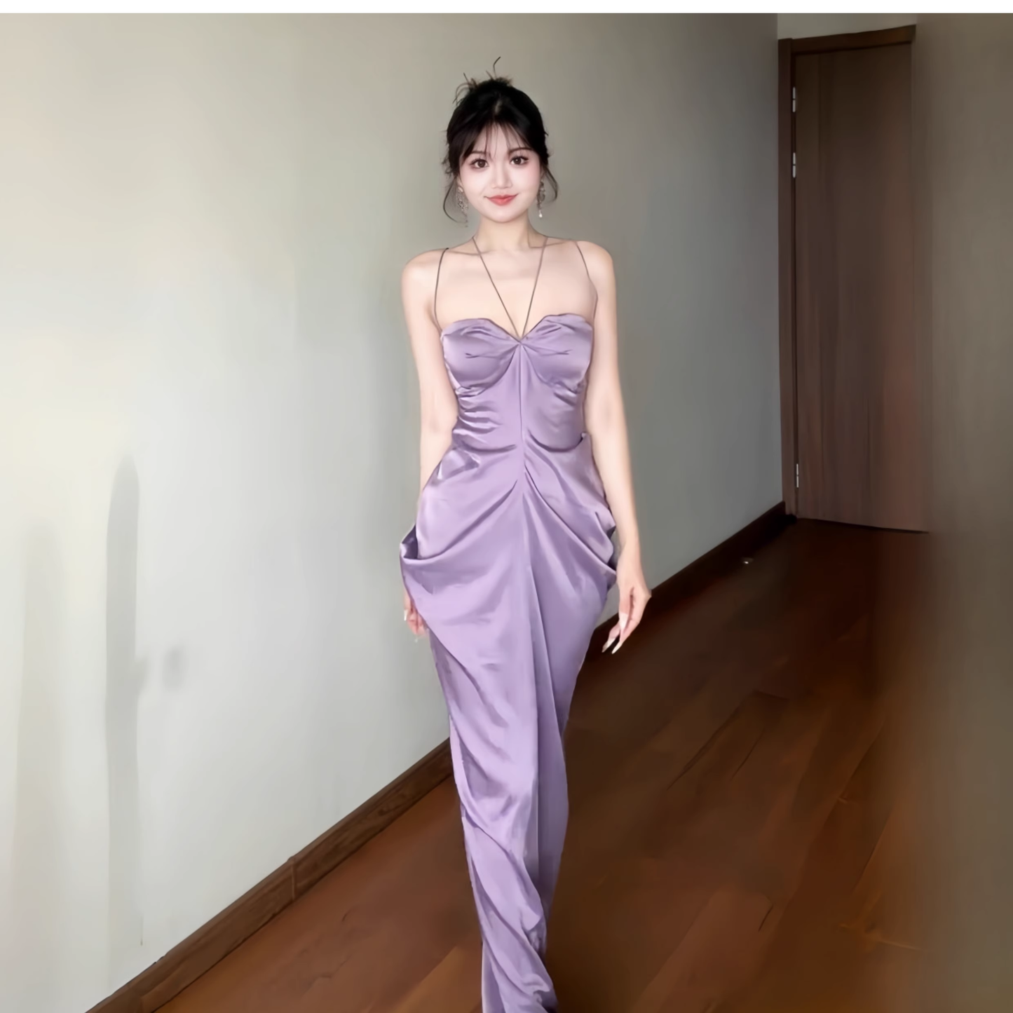 Purple Satin Sexy Backless Straps Birthday Party Dress Long Holiday Dress YM2265