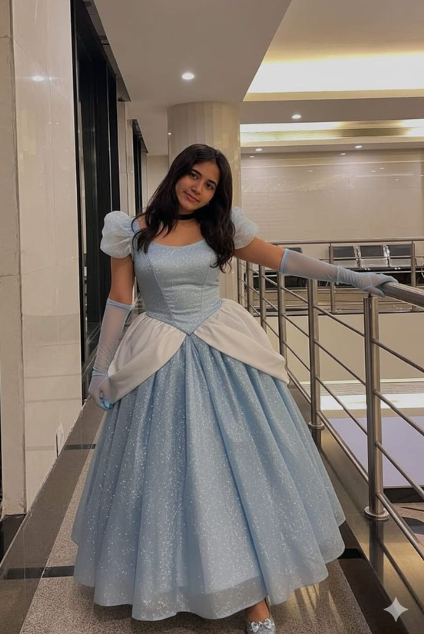 Glitter Pale Blue Satin Puffy Jewel A-Line Long Prom Dress Birthday Dress YM2618