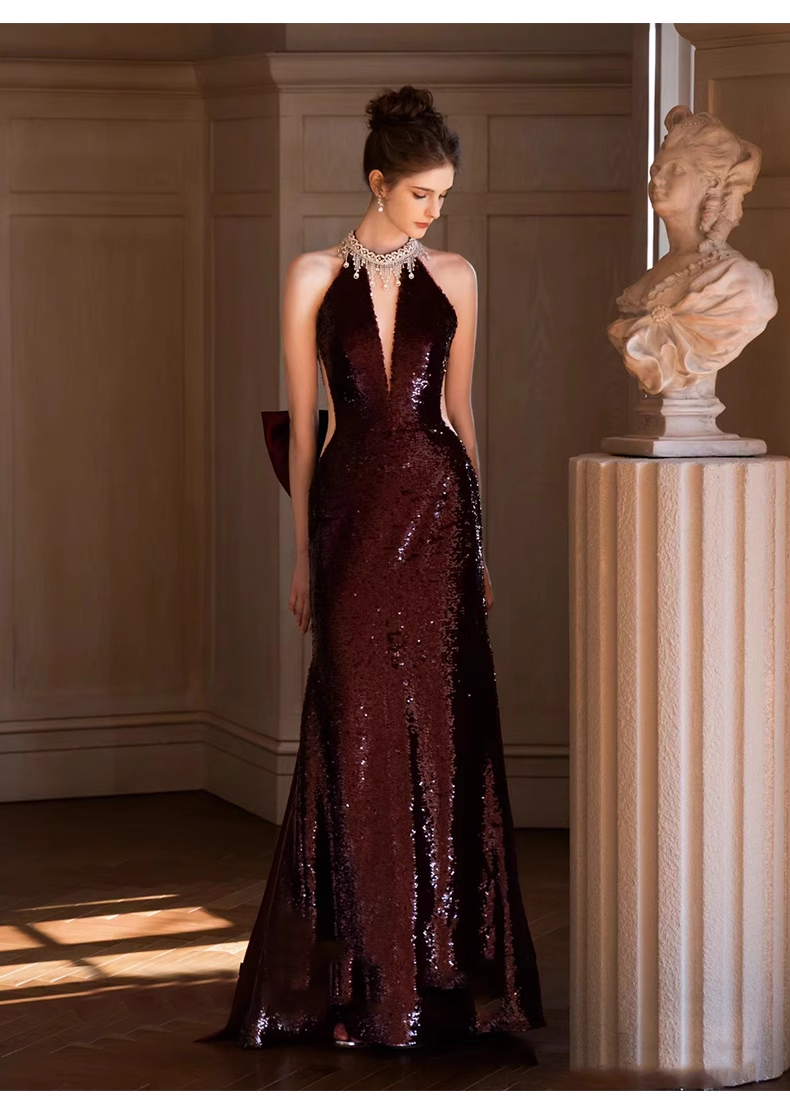 Burgundy Sequins Mermaid Evening Dress New Prom Dress YM1612
