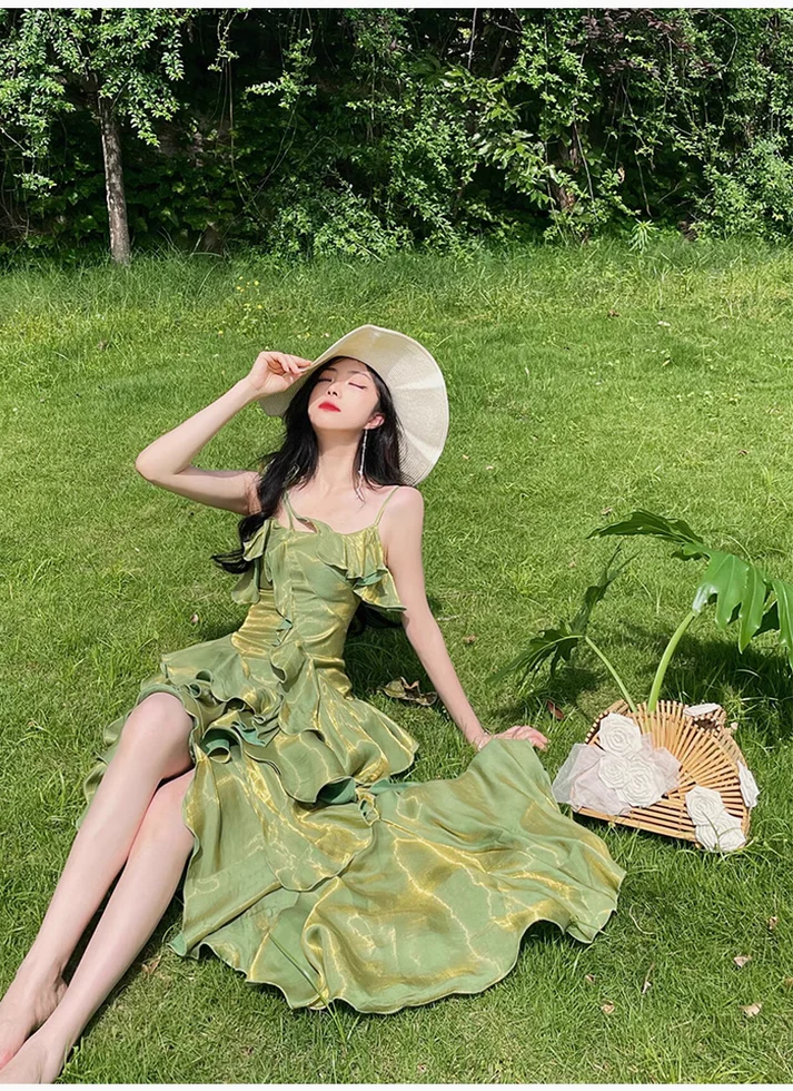 Irregular Ruffled Suspender Prom Dress Green Long Birthday Dress YM1628