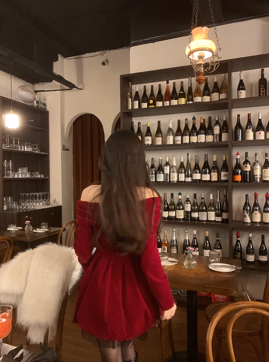 Cute Halter Long-sleeves Burgundy Velvet Short Dress Birthday Dress YM1741