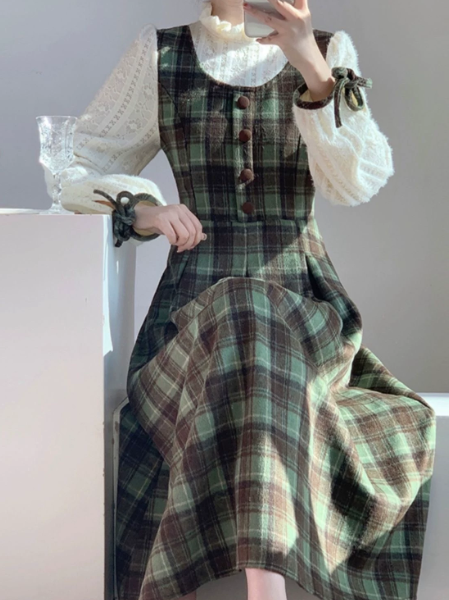 Retro Bud Green Plaid Patchwork High Collar A-Line Maxi Women Dress Holiday Dress YM2739