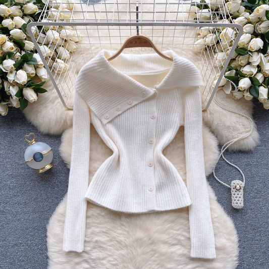 Solid Color Knitted Sweater Women's Autumn and Winter Irregular Design YM637