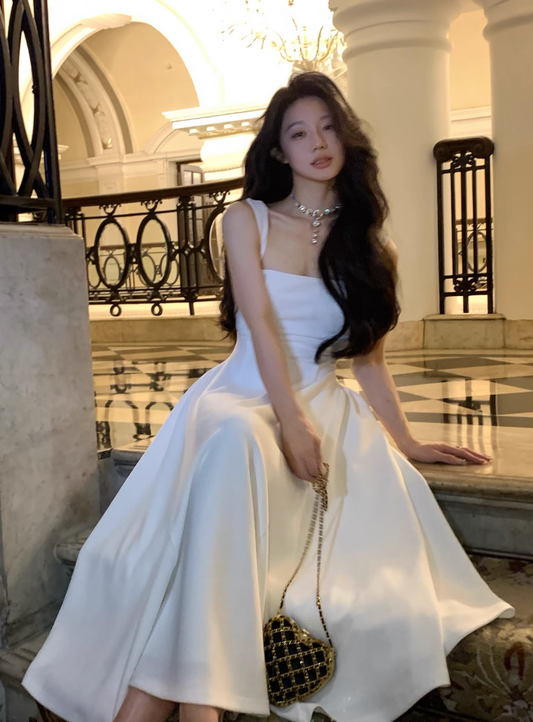 Simple White U-Neck Suspender Birthday Dress Long A Line Party Dress YM2056