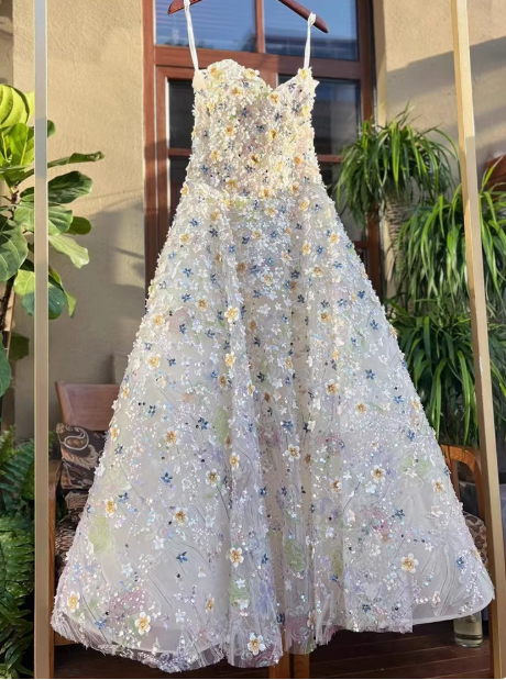 Classy White Tulle Flower A Line Long Birthday Dress Party Dress YM2143