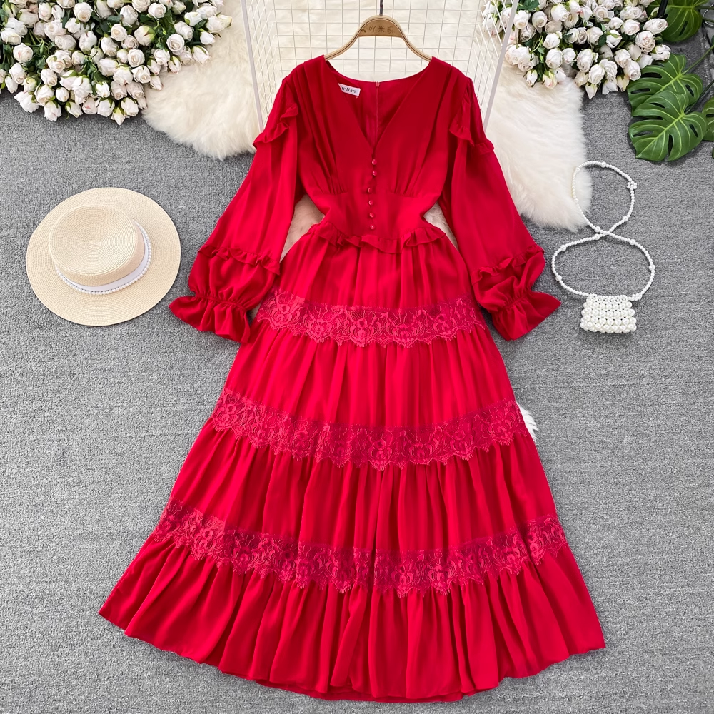 Lantern long-sleeved V-neck lace stitching chiffon dress seaside holiday dress, YM269