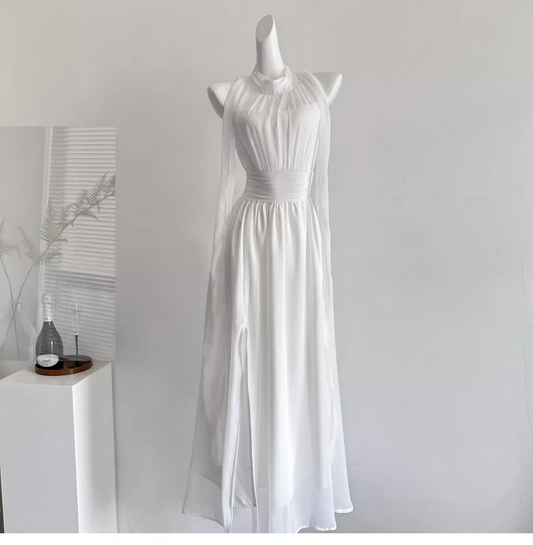 Retro White Halter Chiffon Long Vacation Dress Birthday Dress  YM2078