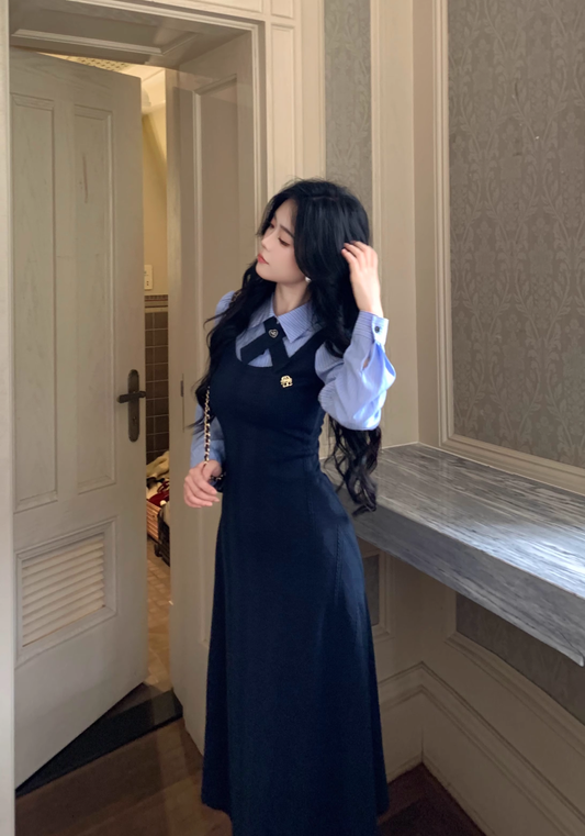 College Style Striped Shirt Fake Two Piece Dress Women's New YM2034