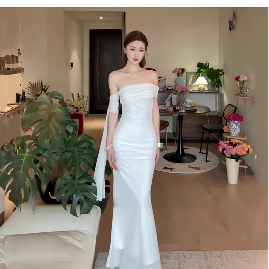 Elegant Off The Shoulder White Long Birthday Dress Vacation Dress YM2209
