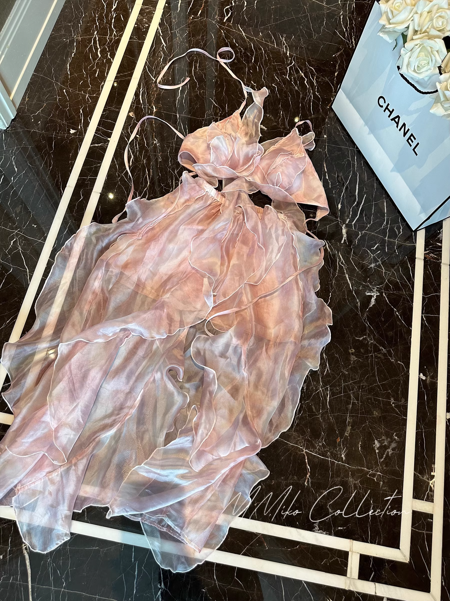 Pink gradient gauze multi-layered ruffled halterneck halter party dress YM1911