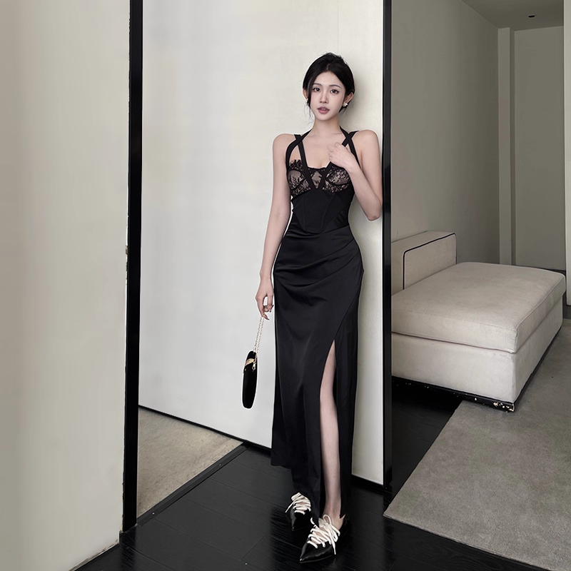 Black Sexy Lace Stitching Suspender Holiday Dress Long Birthday Dress YM2228