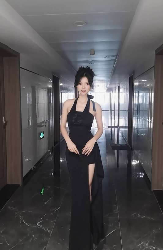 Sexy Black Halter V Neck High Slit Party Dress Long Holiday Dress YM2213