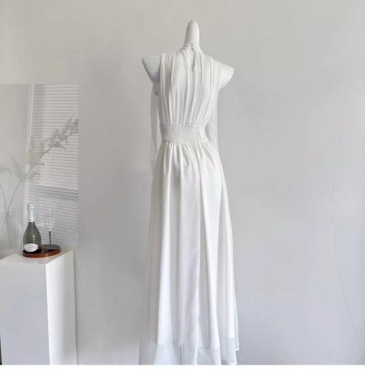 Retro White Halter Chiffon Long Vacation Dress Birthday Dress  YM2078