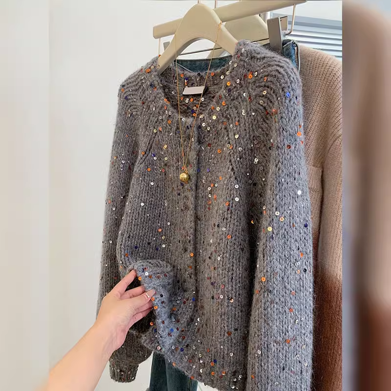 Colorful Sequined Sweater Loose Knitted Coat YM1869