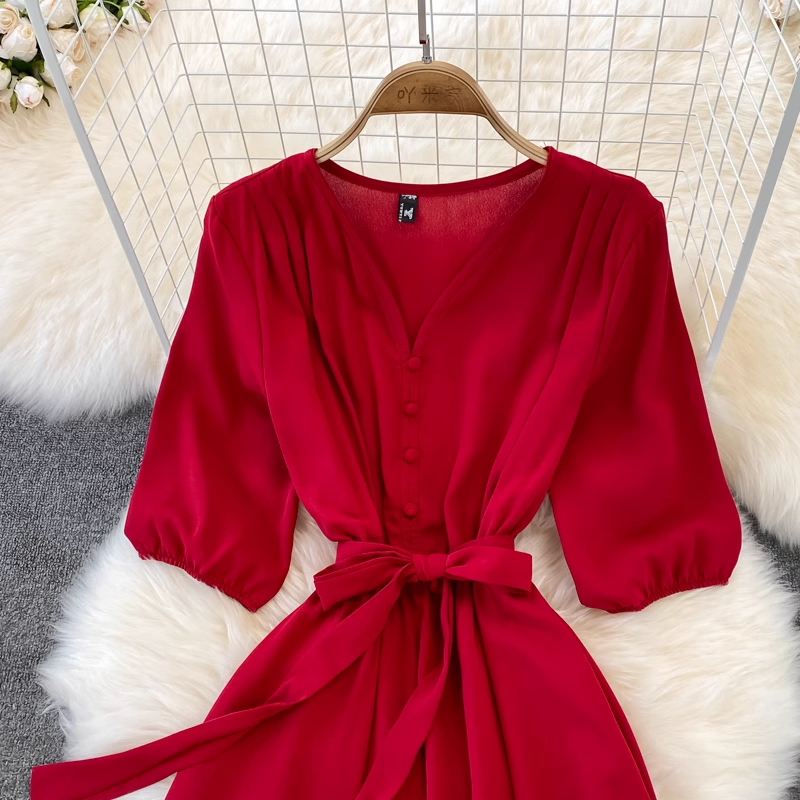 chic retro solid color ruffled mid-length square neck dress ,YM210