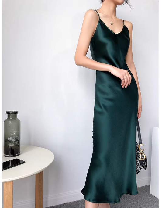 Classy Spaghetti Straps Dark Dreen Satin Mermaid Long Birthday Party Dress Holiday Dress YM2431