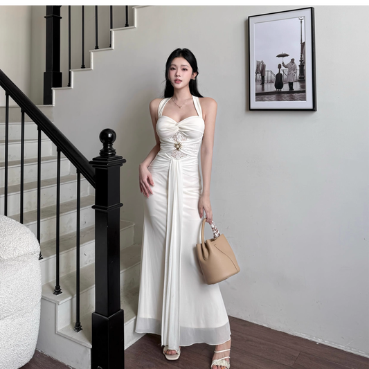 White Halter Neck Long Holiday Dress Sexy Lace Sheath Birthday Dress  YM2278