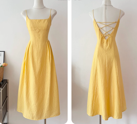 Yellow Backless Suspender Long Vacation Dress Women's Seaside Holiday Dress YM2316