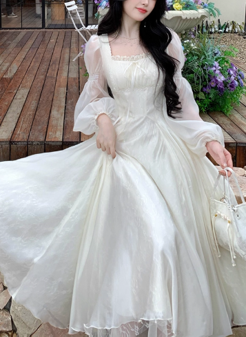 French Style Square Neck A Line Long Birthday Party Dress Holiday Dress YM2362