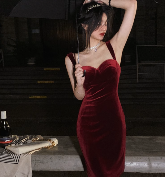 Vintage burgundy velvet suspender dress birthday dress YM1963