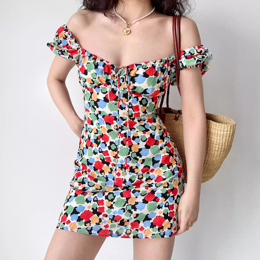 Printed tie square neck bubble dress YM1310