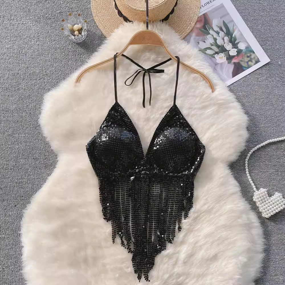 Women's sequined halter top with tassels,YM29