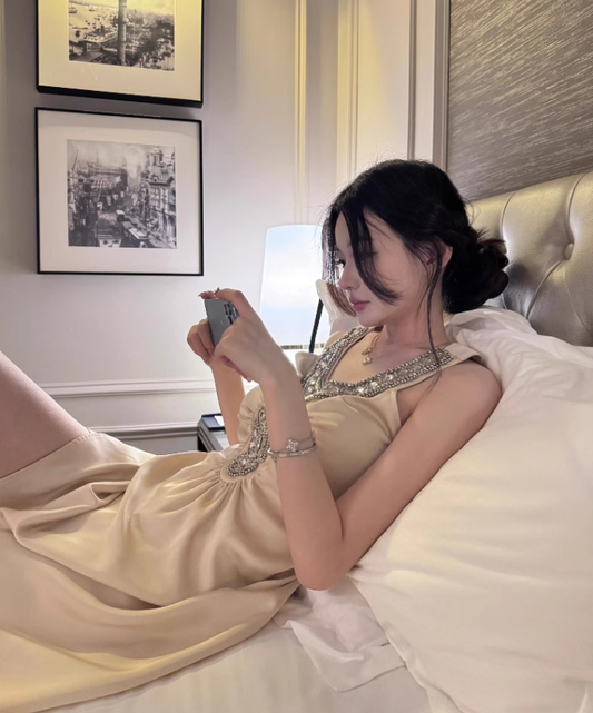 Luxury Satin Beaded Suspender Dress Champagne Birthday Mini Dress YM1721