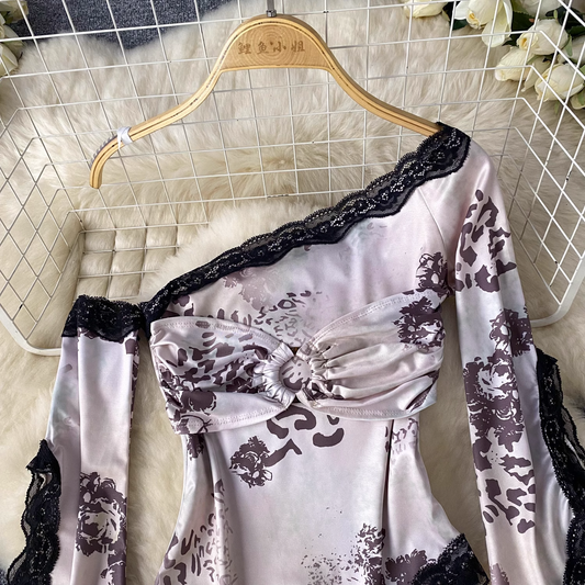 Off-shoulder T-shirt Women's Lace Splicing Irregular Printed Top YM1694
