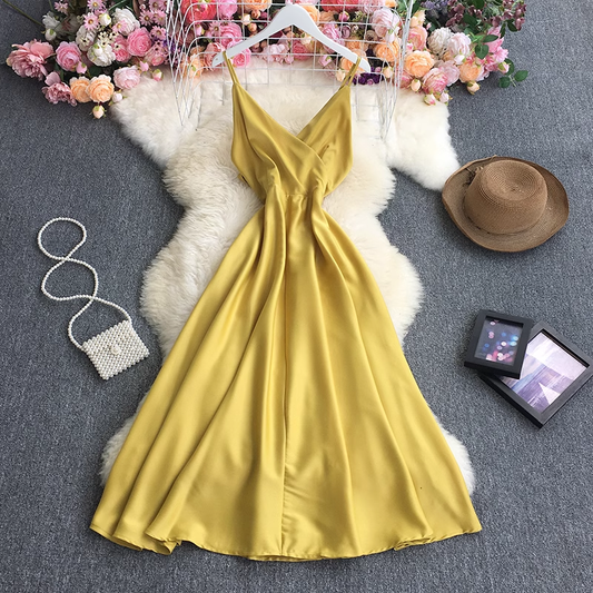 A-line V Neck Pure Color Dress YM528
