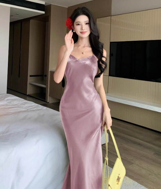 Spagheti straps v neck sheath long birthday party dress YM1969