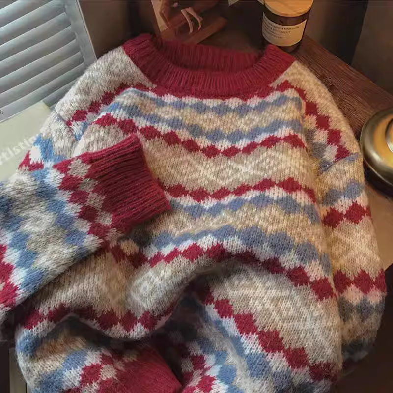 Women's Retro Jacquard Red Pullover Sweater YM1846