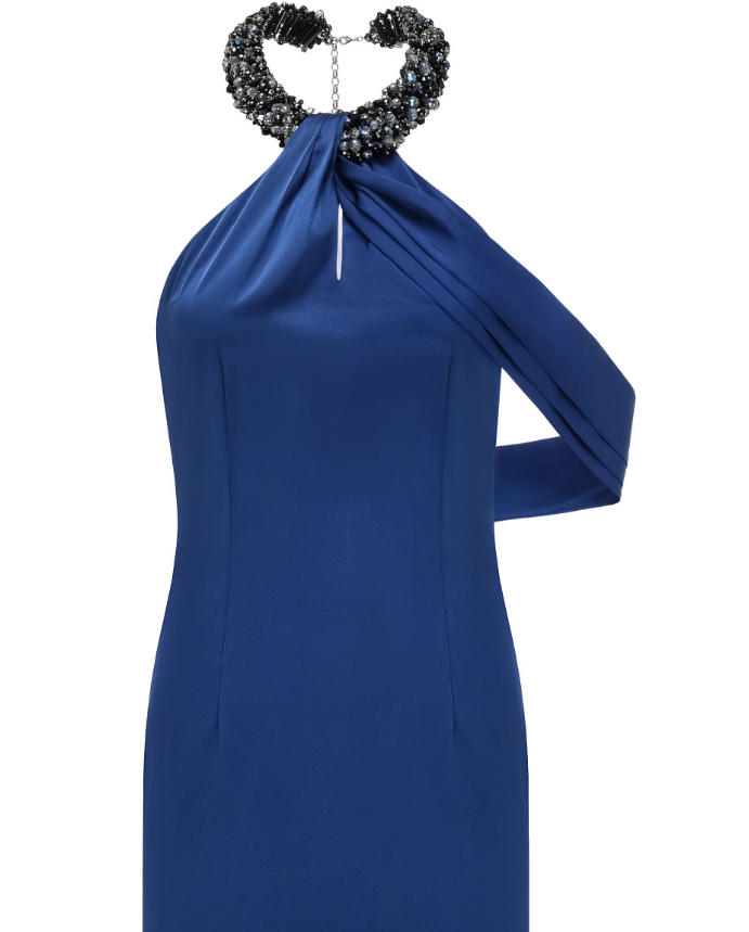 Sexy royal blue halterneck diamond chain backless satin dress YM1912