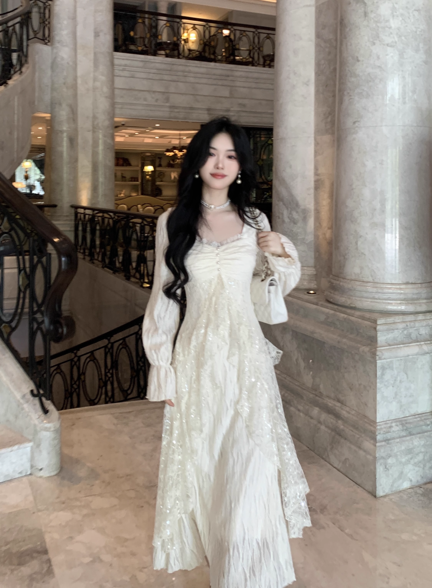 High-End And Gentle Style Lace Sequins Ruffled White Moonlight Prom Dress Apricot Party Dress YM2037