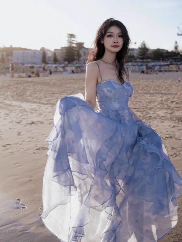 Classy Blue Suspender Party Dress Seaside Holiday Beach Long Dress YM2307