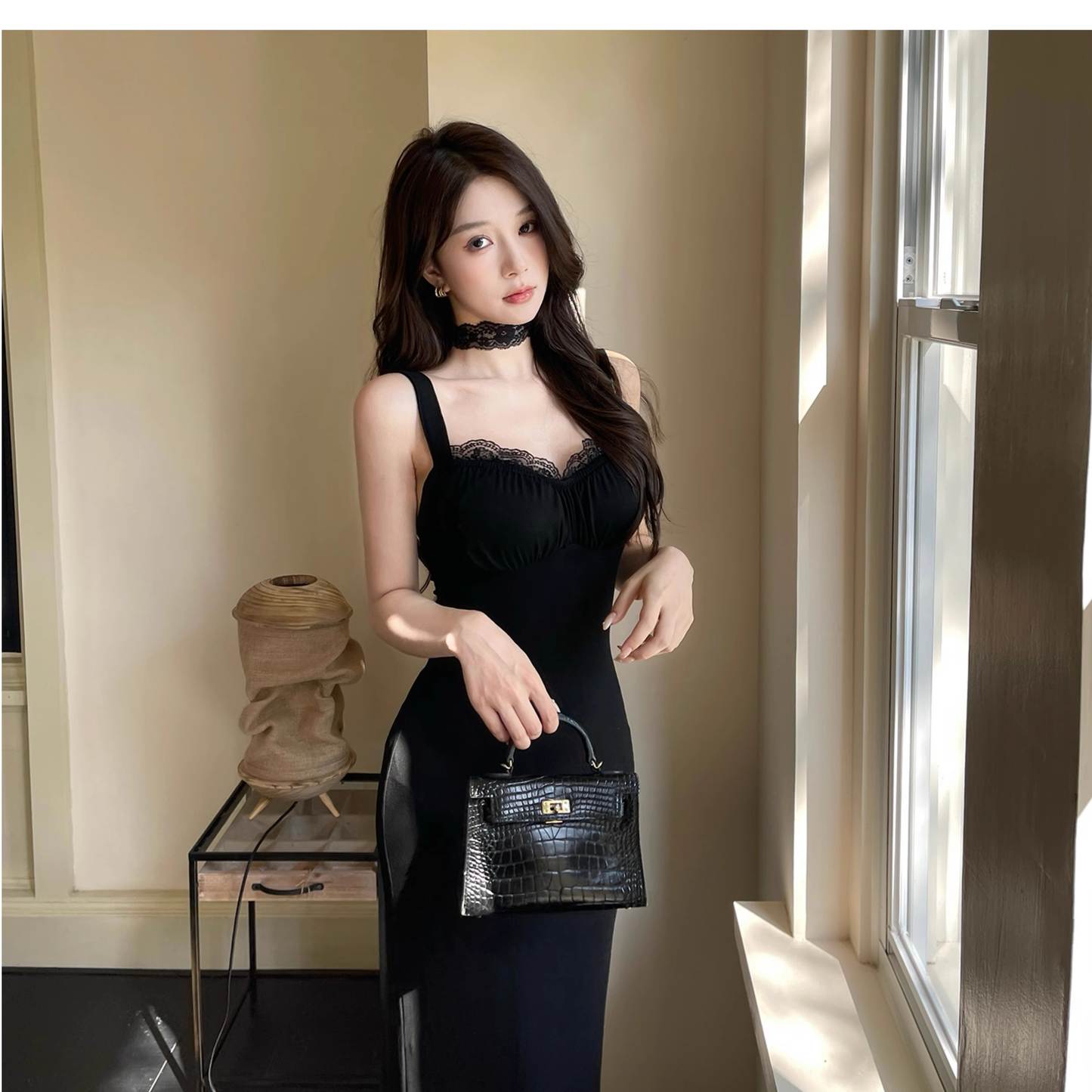 Black Lace Suspender Women Dress New Sexy Long Holiday Dress YM2257