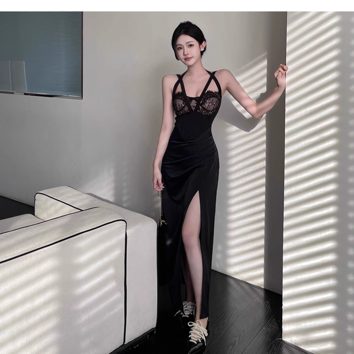 Sexy Black Lace Slit Party Gown,Birthday Outfits YM2019