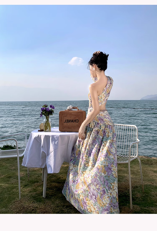 Retro pastoral style skirt with slanted shoulders and pleated sexy slit holiday floral dress YM1403