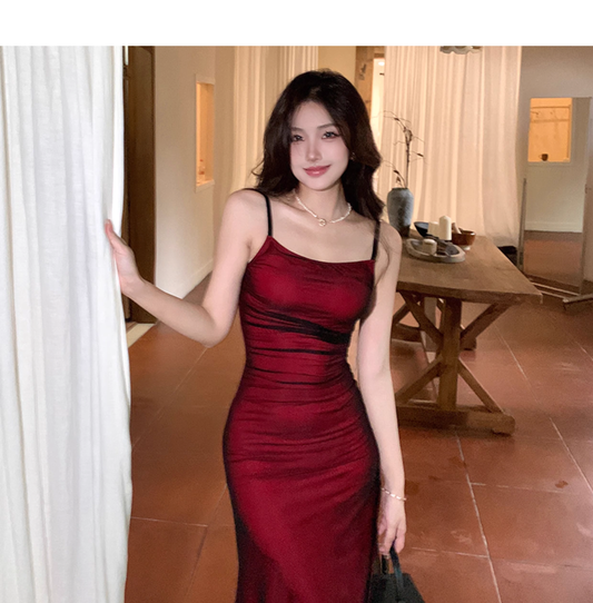 Vintage Sexy Red Sheath Prom Dress,Spaghetti Straps Birthday Party Dress YM2021