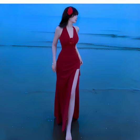 Sexy Red Halter High Slit Long Party Dress V Neck Vacation Dress YM2205