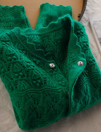 Green Hollow three-dimensional jacquard knitted sweater cardigan YM1890