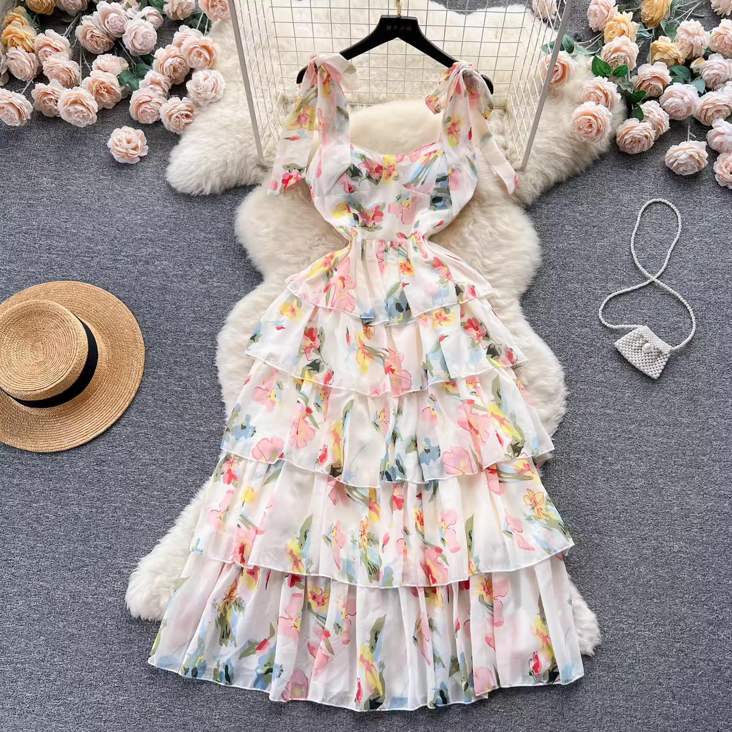 Women's suspender floral dress summer chiffon dress YM506