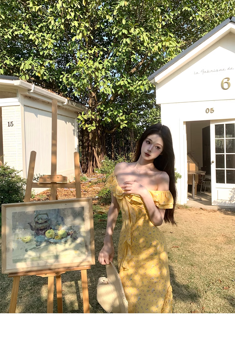 Pretty Off The Shoulder Chiffon Floral Ruffles Party Dress,Yellow Prom Dress YM1987