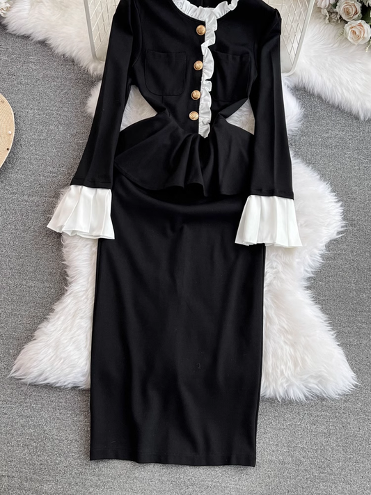 Flared long-sleeve stand-up collar waist bodycon dress YM991