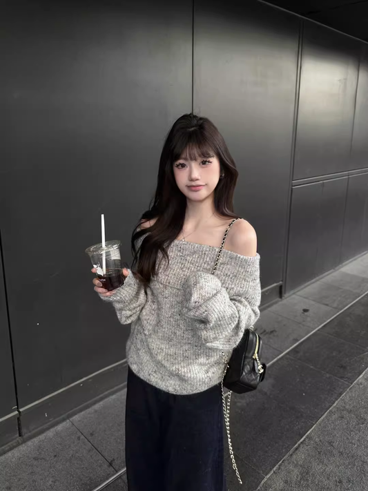 Gray Off-shoulder Pullover Sweater YM2398