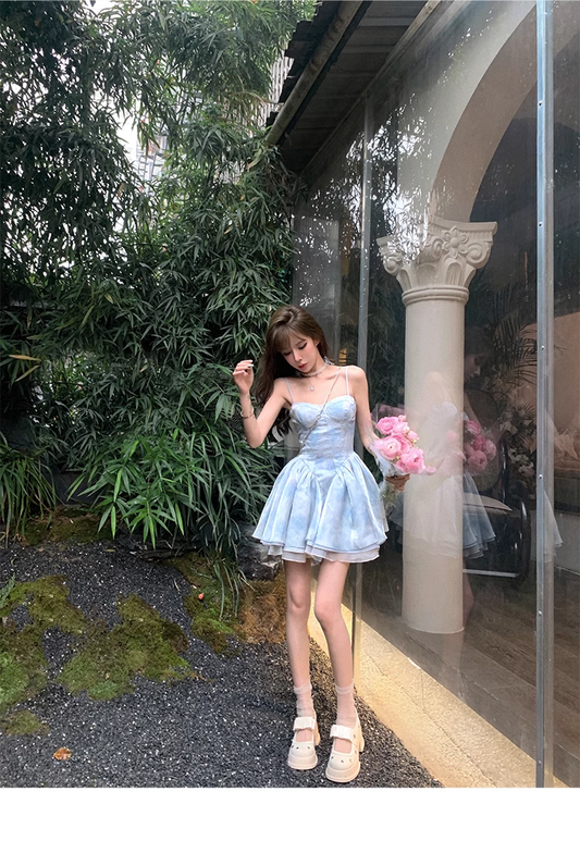 Blue Spaghetti Straps Birthday Party Dress YM1971